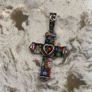Handmade Millefiori Glass Cross Pendant with Heart Accent